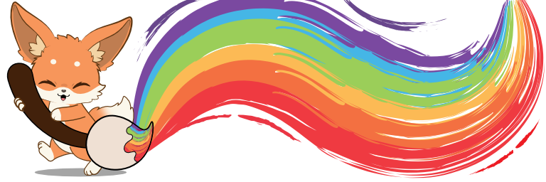 a fennec painting wall in rainbow with a single smooth brush stroke