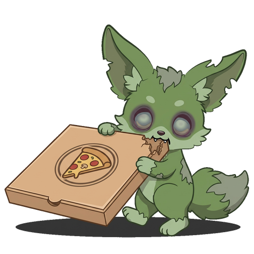 a zombified fennec eating a cardboard pizza box
